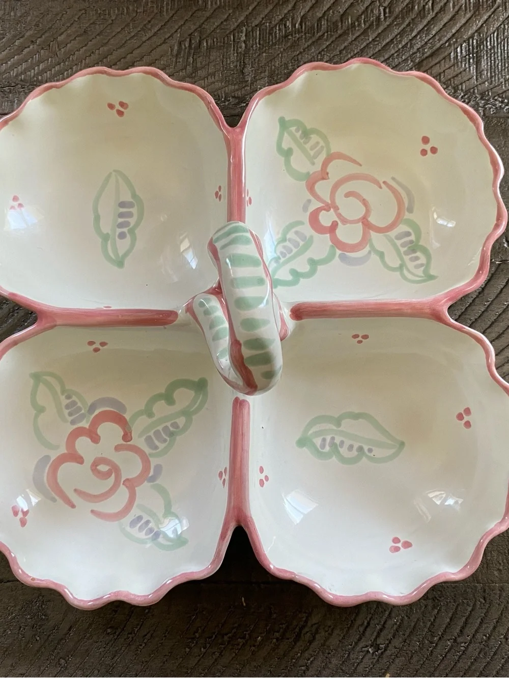 Vintage 80s Floral Hand Painted Divided Serving Dish Platter Cottagecore Decor